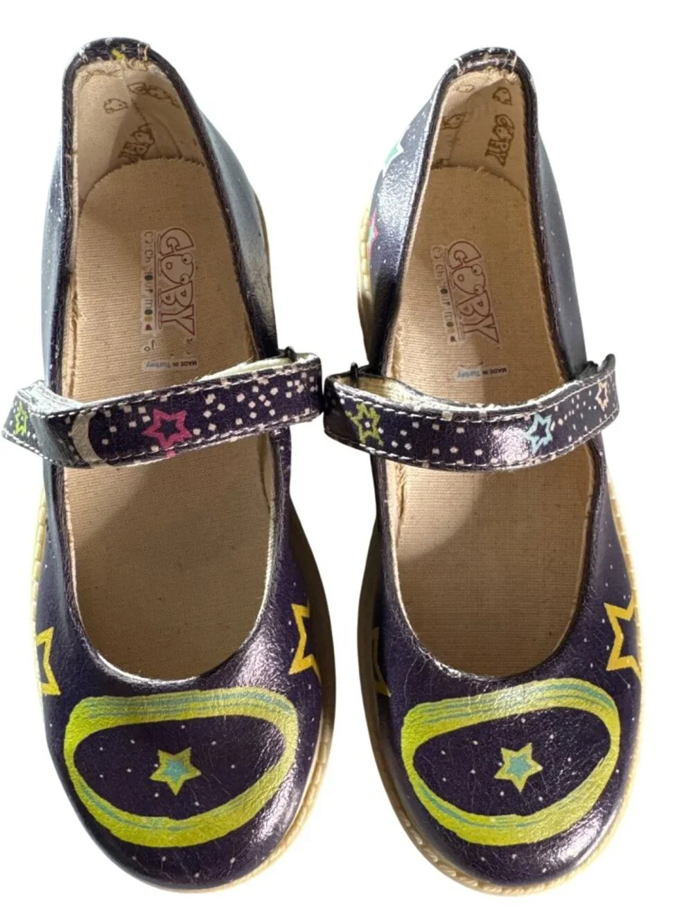 GOBY Girl's Navy Blue Star Design Mary Jane Shoes Adjustable Strap Rubber Soles